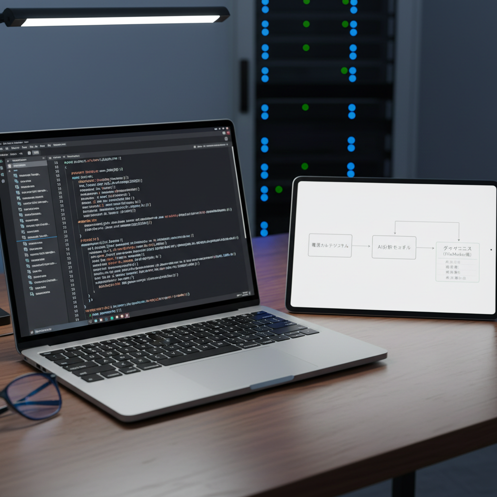 A dark-mode code editor on a high-resolution laptop screen, displaying a neatly commented Japanese-language script that automates medical record processing and integrates with an AI API. Next to the laptop, an iPad shows a simplified flowchart of data moving between electronic medical records, AI analysis, and a database layout resembling FileMaker. The devices rest on a walnut desk in a quiet hospital IT office, with a server rack blurred in the background. Cool-white LED task lighting highlights the keyboard and screen, creating crisp reflections on metallic surfaces. Photographic realism, captured from a slightly elevated angle with shallow depth of field. The mood is innovative and analytical, conveying careful, safe AI utilization by a physician-engineer improving clinical workflows.