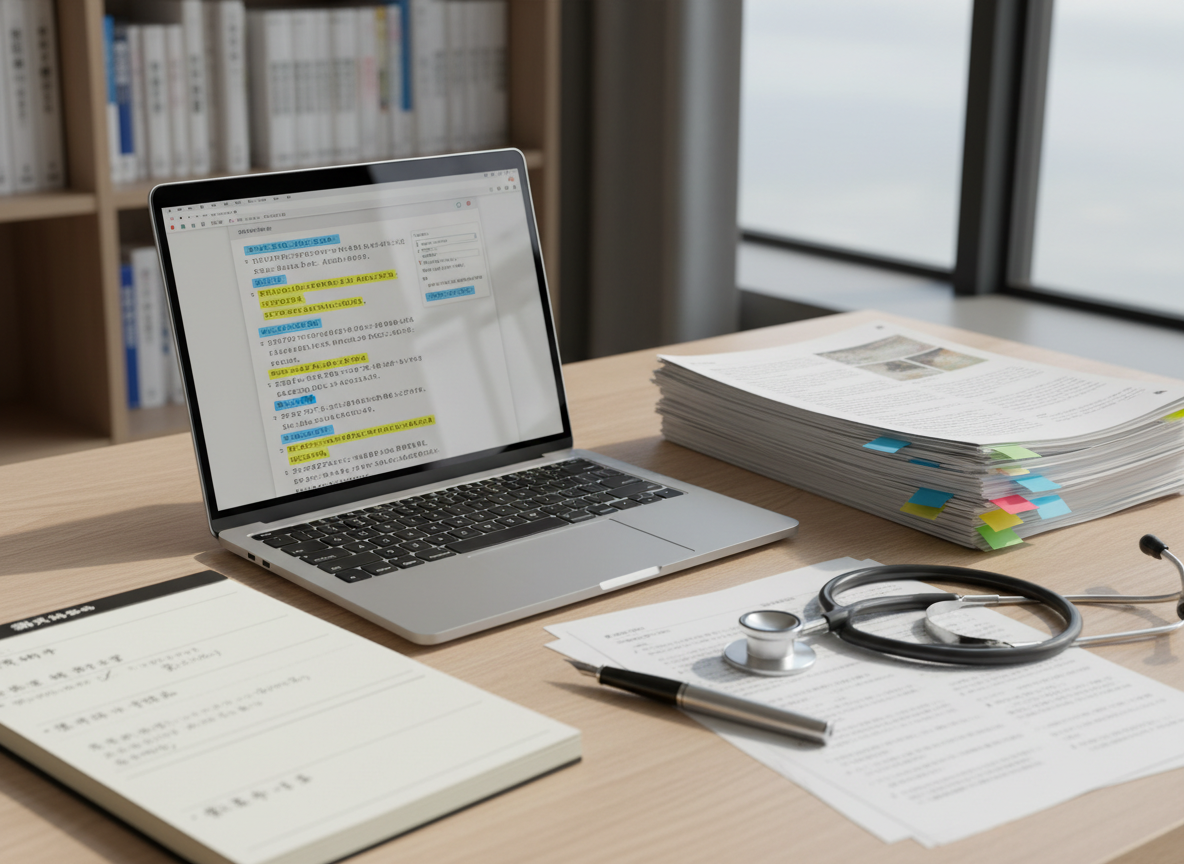 A modern medical workspace featuring a sleek 13-inch laptop displaying a Japanese-language medical journal PDF with highlighted sections and neatly organized annotations. Around it, printed research articles with color-coded sticky tabs, a stethoscope resting beside a silver pen, and an open notebook filled with structured headings in clear Japanese fonts. The desk is a light oak surface near a large window in a quiet office. Soft daylight creates gentle reflections on the laptop screen and subtle shadows under the papers. Photographic realism, eye-level composition with shallow depth of field, background softly blurred bookshelves of medical textbooks. The mood is focused and professional, suggesting a physician carefully reading and analyzing medical literature in a calm, organized environment.