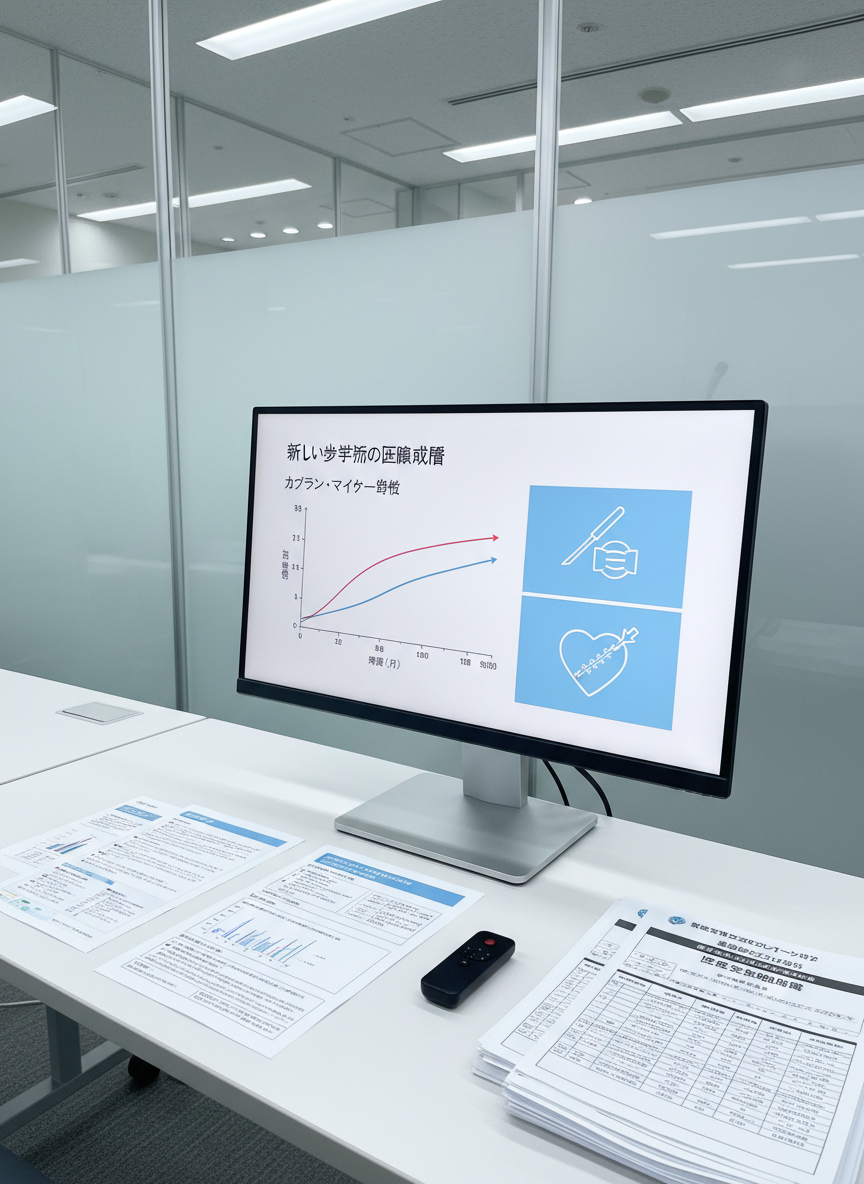 A clean desktop monitor displaying a Japanese-language slide deck for a medical conference presentation, with a central slide showing a clear Kaplan–Meier curve and simple icons explaining a surgical procedure. Beside the monitor lie color-printed handouts, a wireless presenter, and a meticulously arranged stack of clinical data tables. The setup is on a minimalist white desk in a quiet hospital meeting room, with frosted glass walls and a distant blurred view of a lecture podium. Cool, diffused overhead lighting casts soft, even illumination, minimizing glare. Photographic realism, shot from a slightly angled side view using the rule of thirds, creating depth between foreground documents and background screen. The atmosphere is confident and academic, emphasizing clarity, precision, and readiness for a formal medical presentation.
